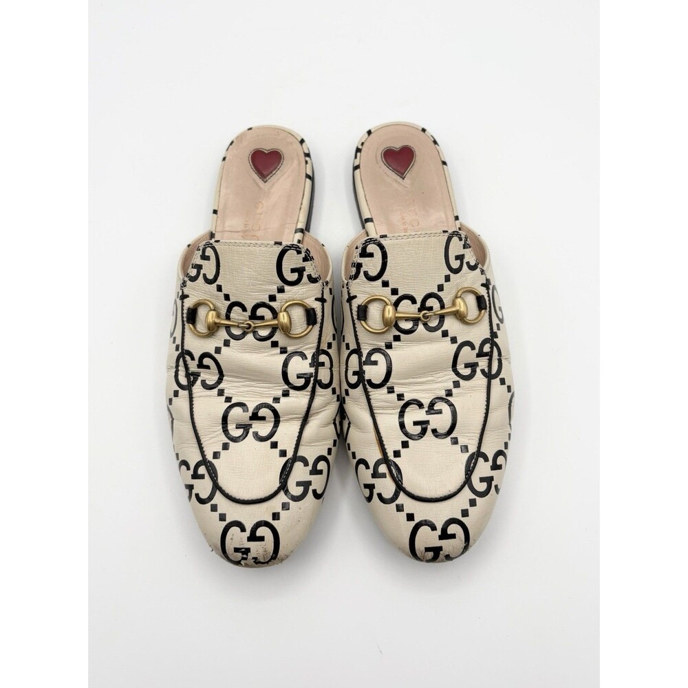 Gucci White & Black Leather Princetown Mules Loafers w/ GG Logo Pattern EU 38